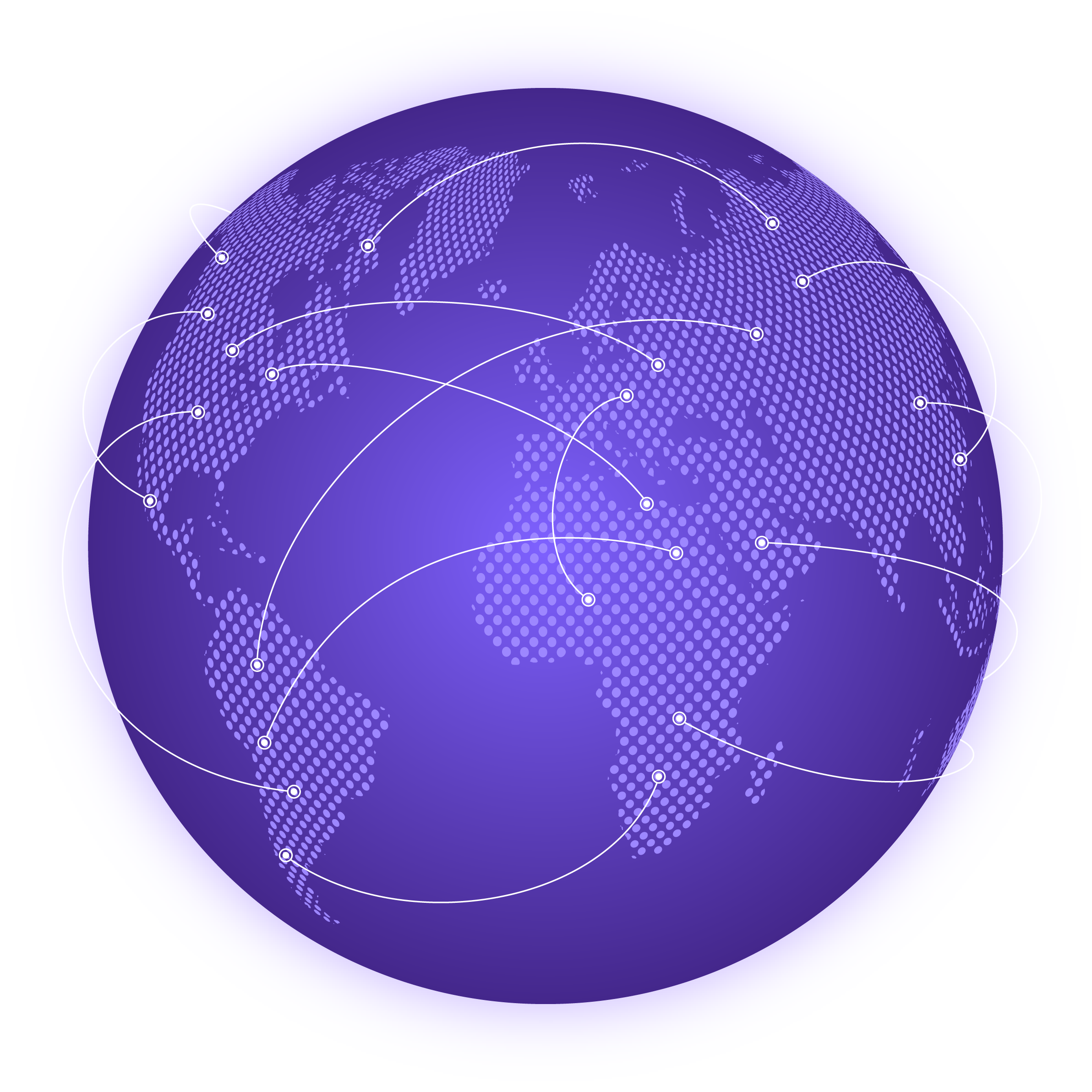 Globe avec plusieurs lignes arquées reliant différents continents